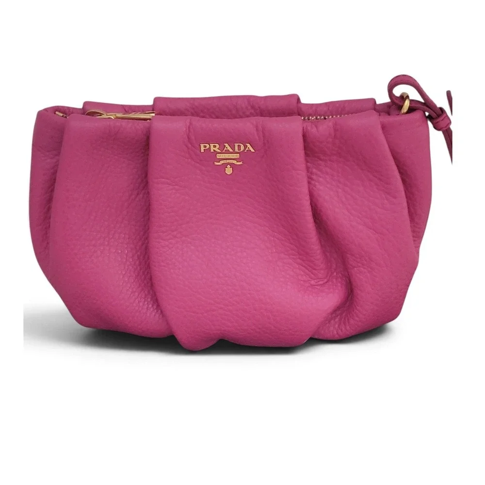 Prada Vitello Daino Peonia Pink Pebbled Leather Pleated Wristlet Clutch 1N1422